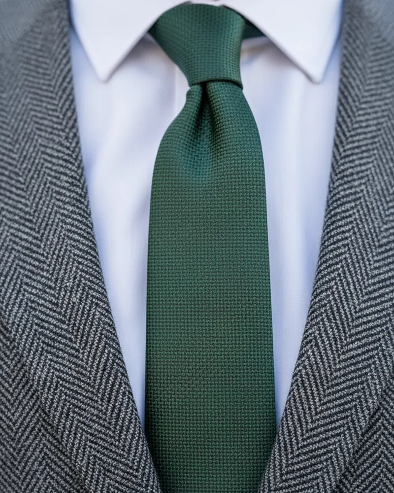 Grey Herringbone Suit — Green Tie - 2