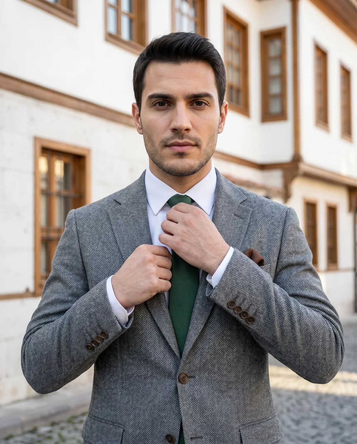 Grey Herringbone Suit — Green Tie - 3