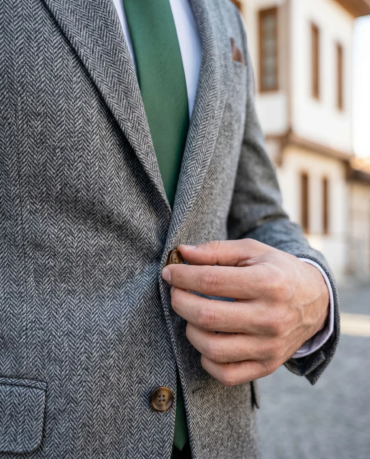 Grey Herringbone Suit — Green Tie - 4