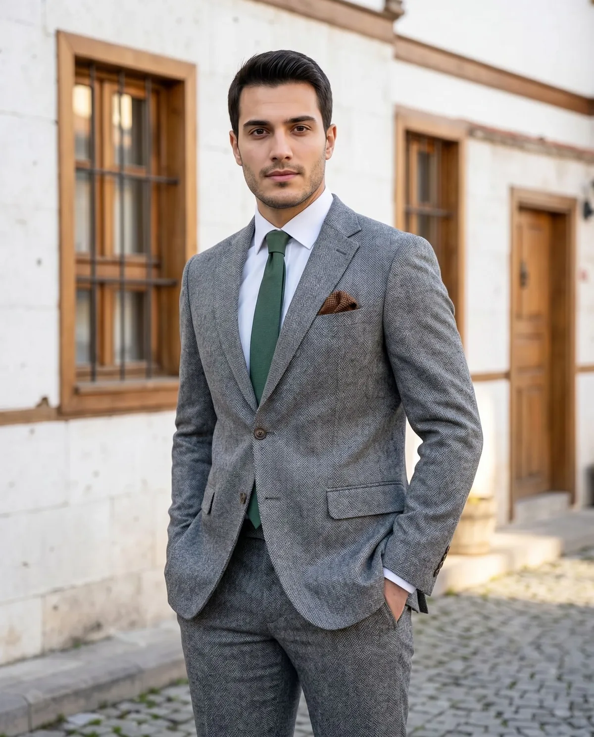 Grey Herringbone Suit — Green Tie - 5