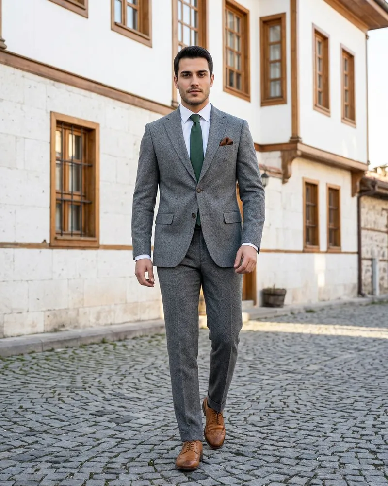 Grey Herringbone Suit Green Tie - SAVAS