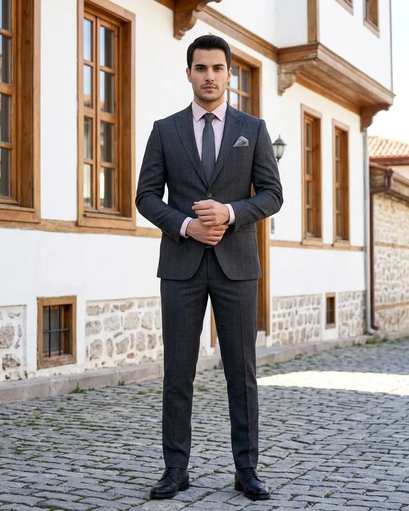 Charcoal Check Suit Pink Shirt - SAVAS