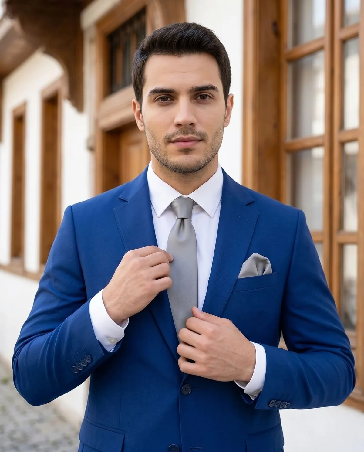 Blue Slim Fit Suit — Grey Tie - 3