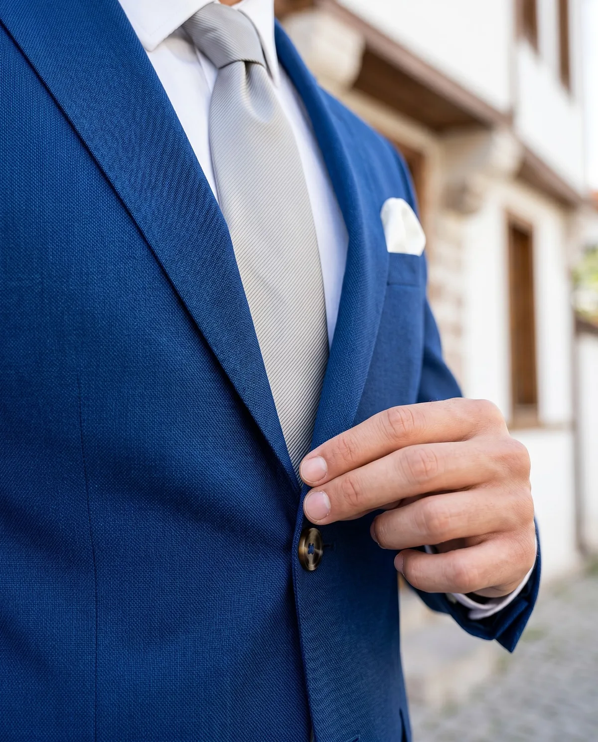 Blue Slim Fit Suit — Grey Tie - 4
