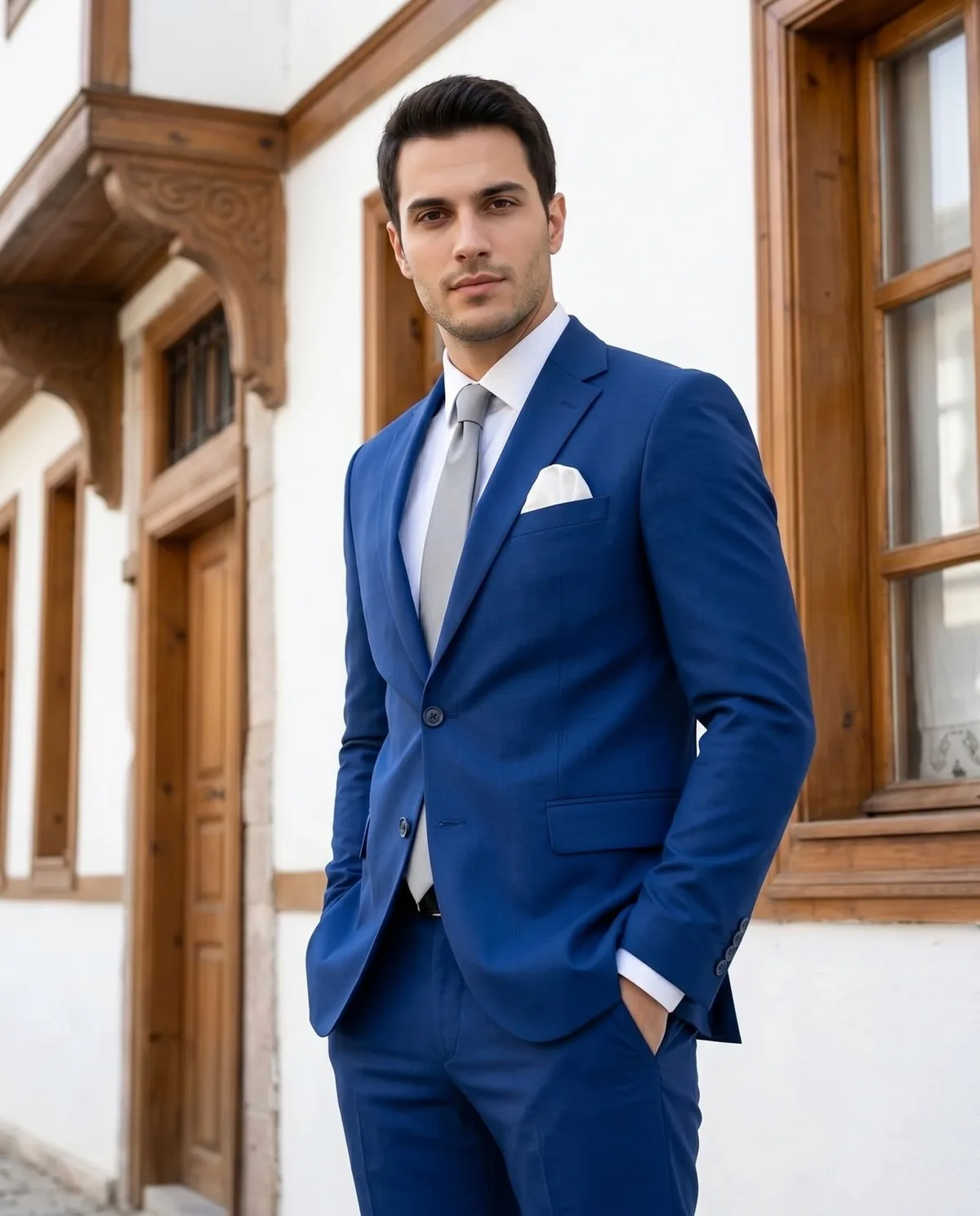 Blue Slim Fit Suit — Grey Tie - 5