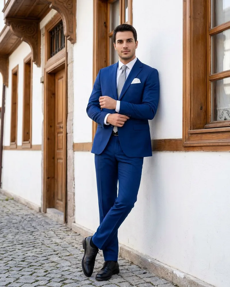 Blue Slim Fit Suit Grey Tie - SAVAS