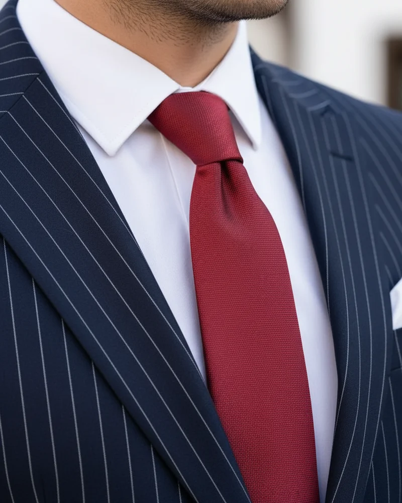 Navy Pinstripe Suit — Red Tie - 2