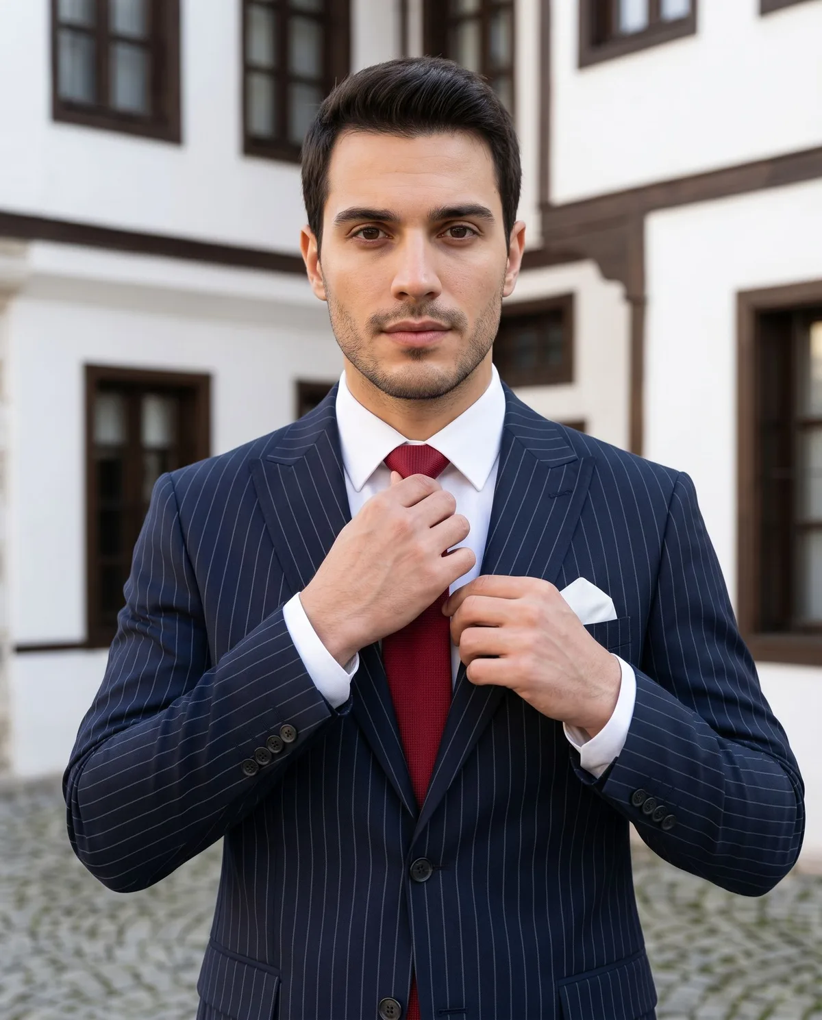 Navy Pinstripe Suit — Red Tie - 3