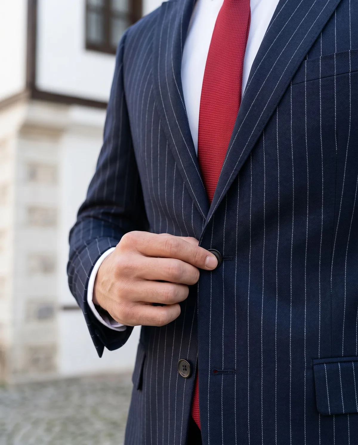 Navy Pinstripe Suit — Red Tie - 4