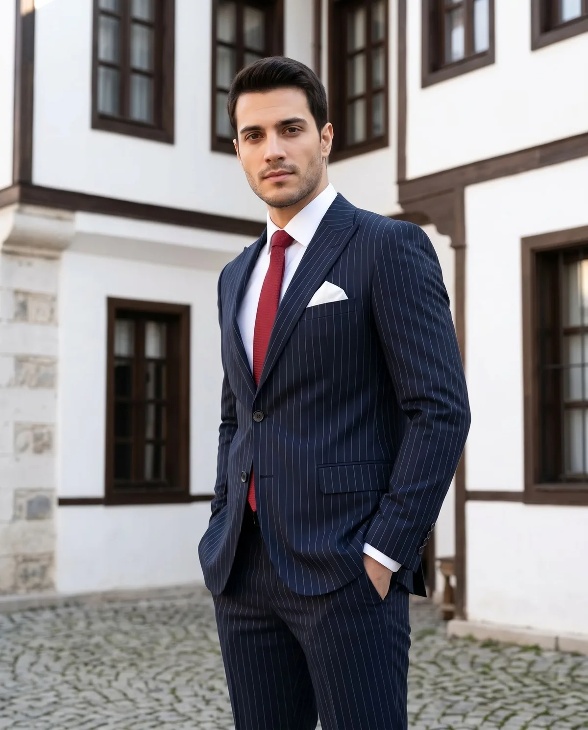 Navy Pinstripe Suit — Red Tie - 5