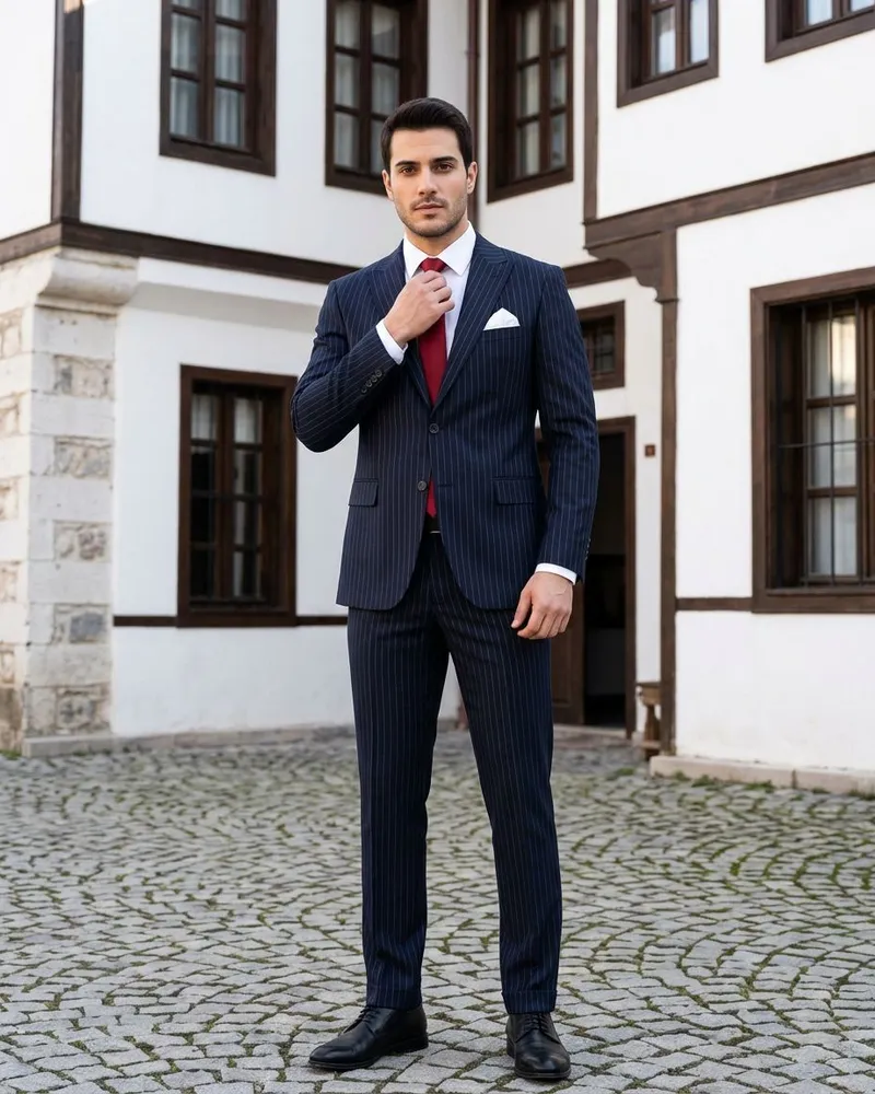 Navy Pinstripe Suit Red Tie - SAVAS