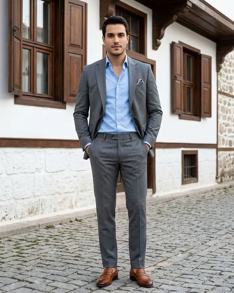 Grey Slim Fit Suit Tieless - SAVAS