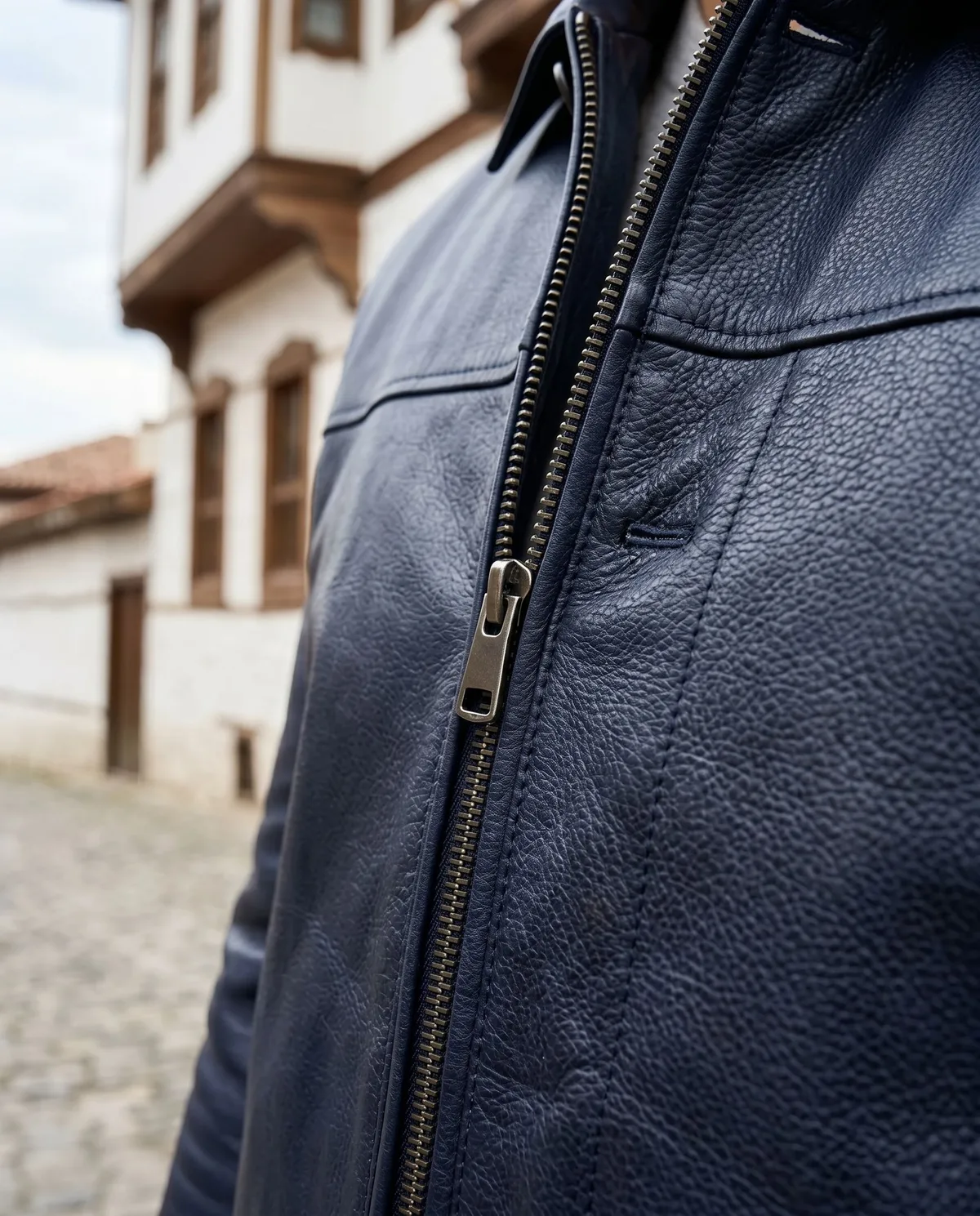 Navy Genuine Leather Jacket - 4