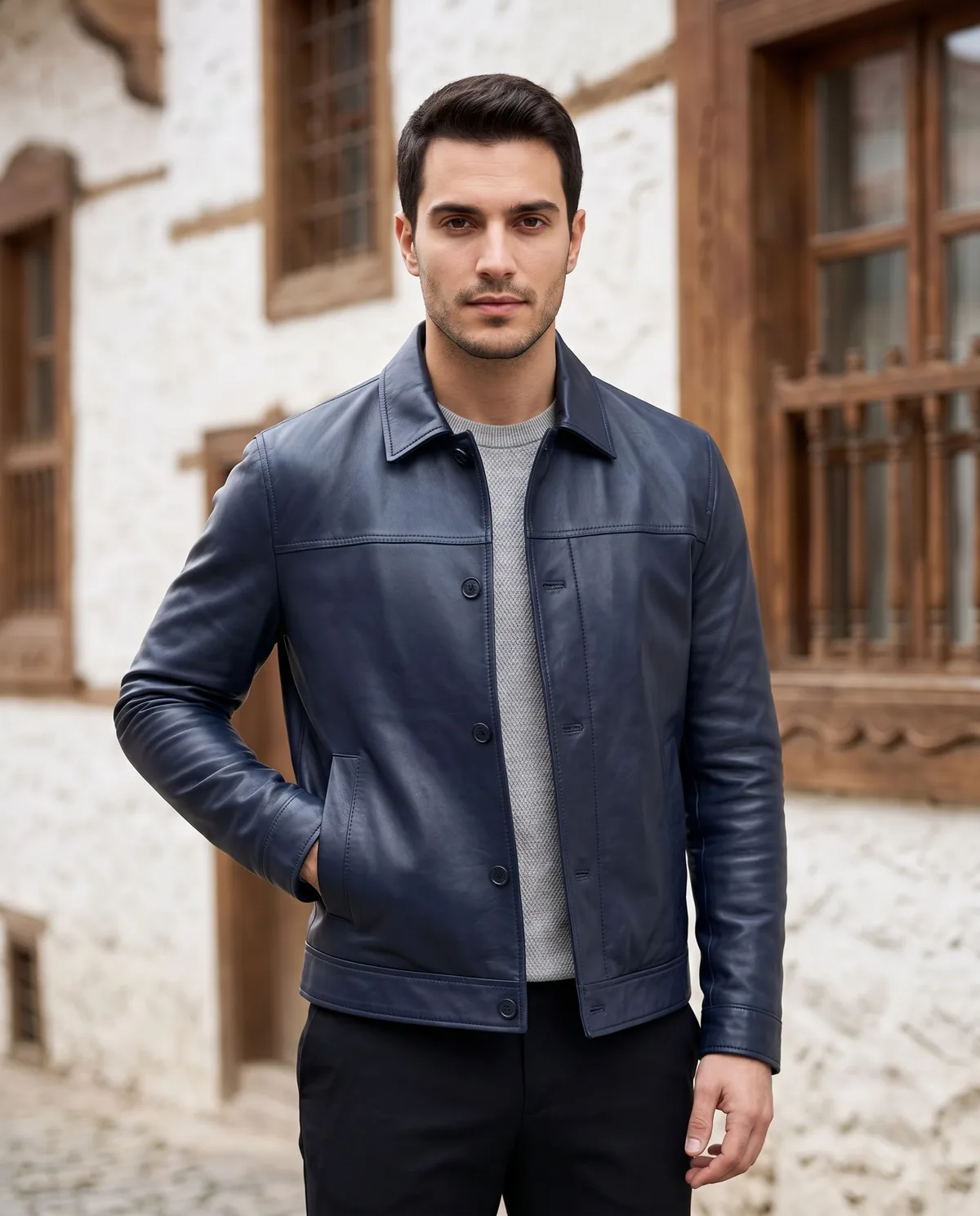 Navy Genuine Leather Jacket - 5