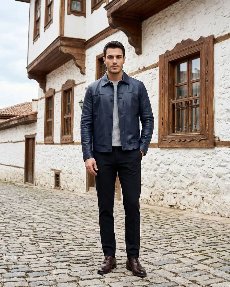 Navy Genuine Leather Jacket - SAVAS
