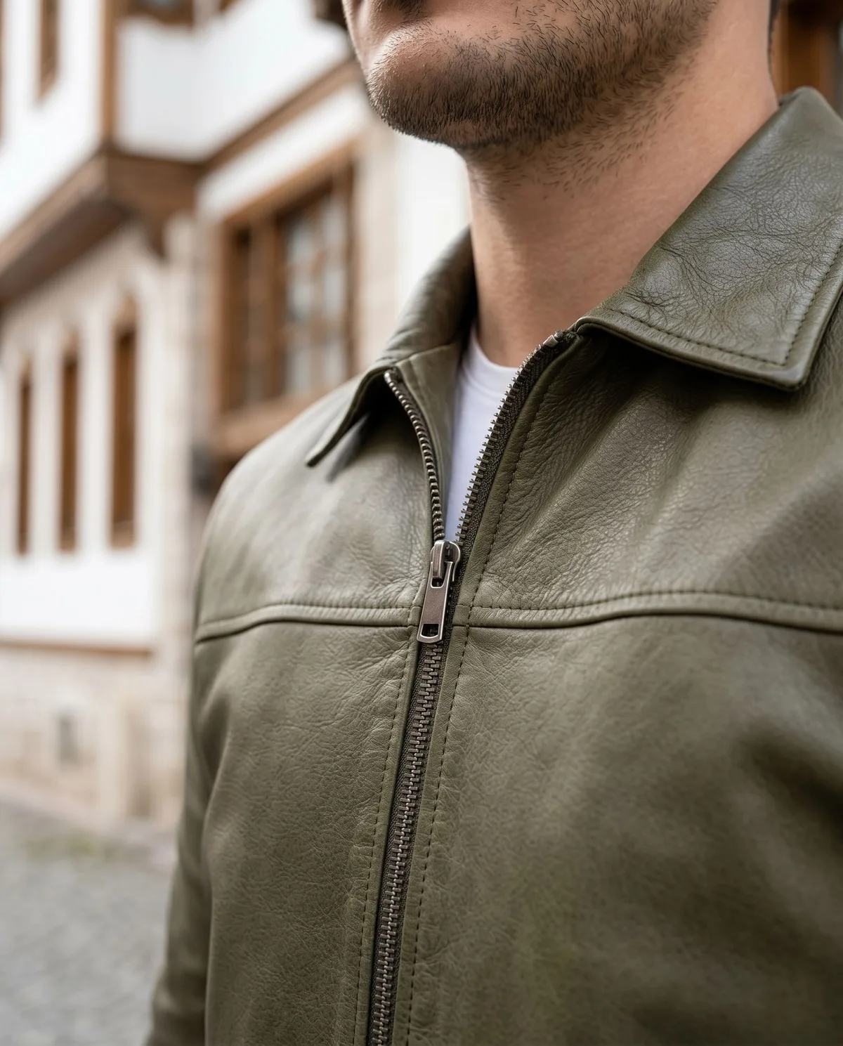 Khaki Green Genuine Leather Jacket - 4