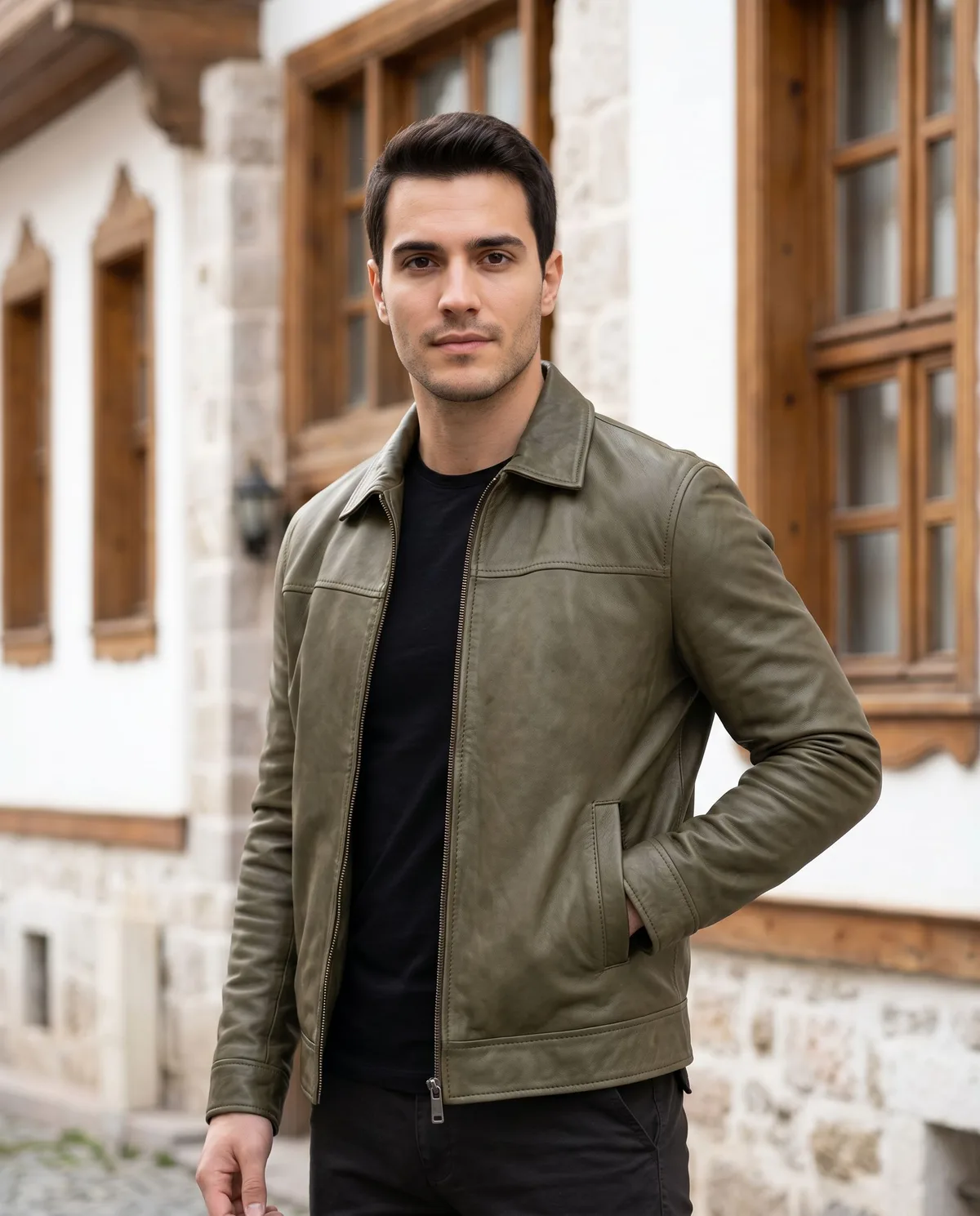 Khaki Green Genuine Leather Jacket - 5