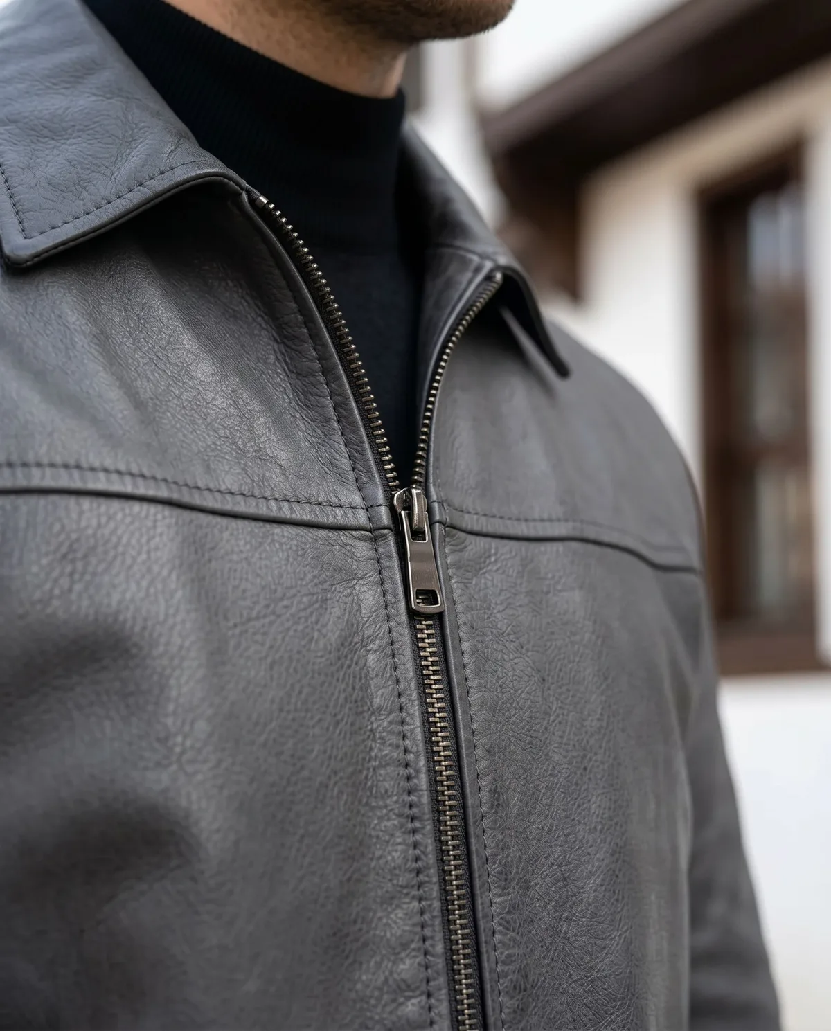 Charcoal Grey Genuine Leather Jacket - 4