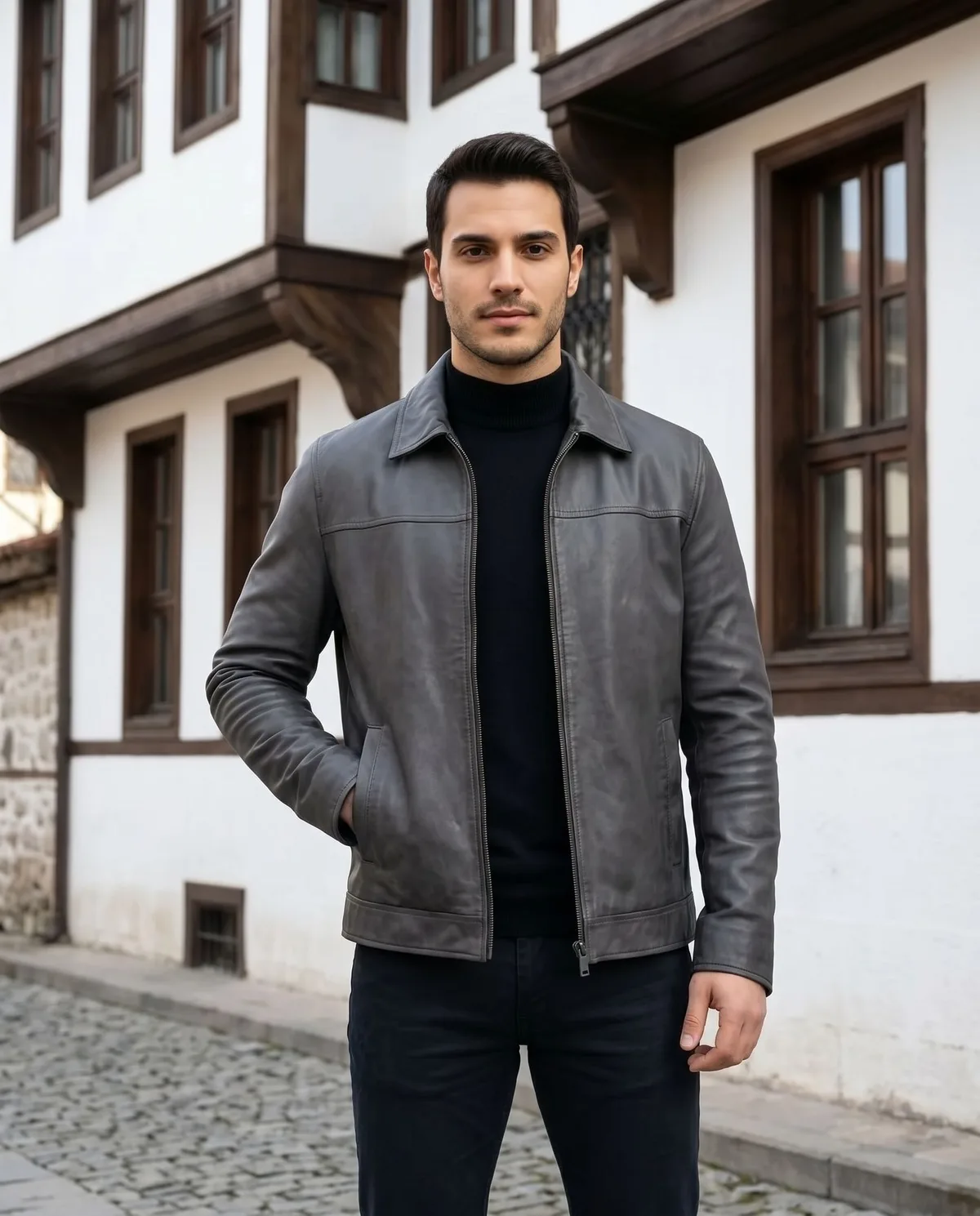 Charcoal Grey Genuine Leather Jacket - 5