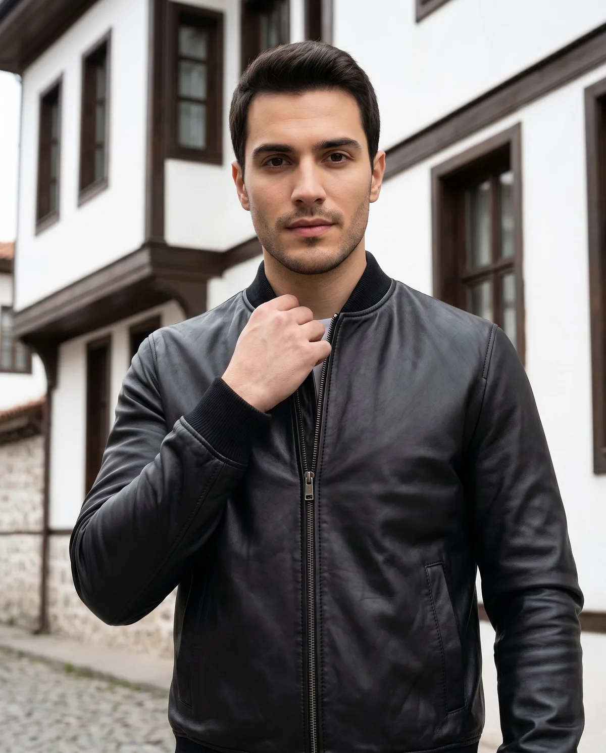 Black Leather Bomber Jacket - 3