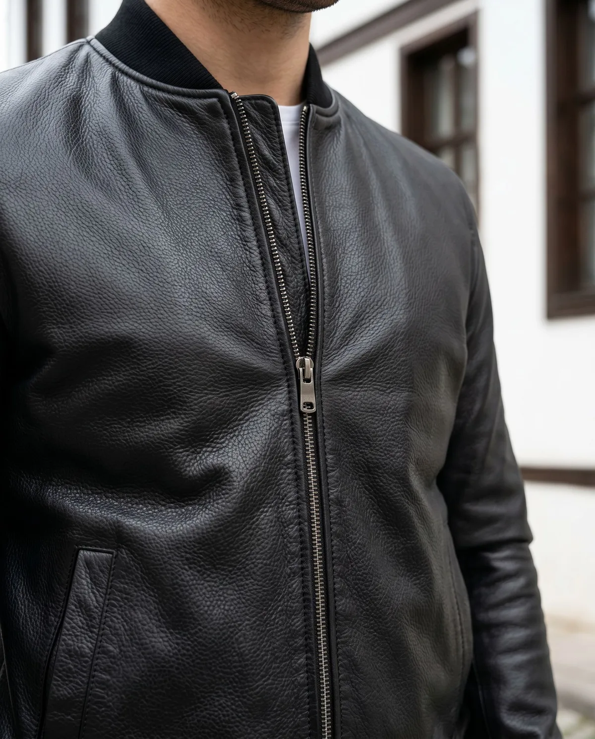 Black Leather Bomber Jacket - 4