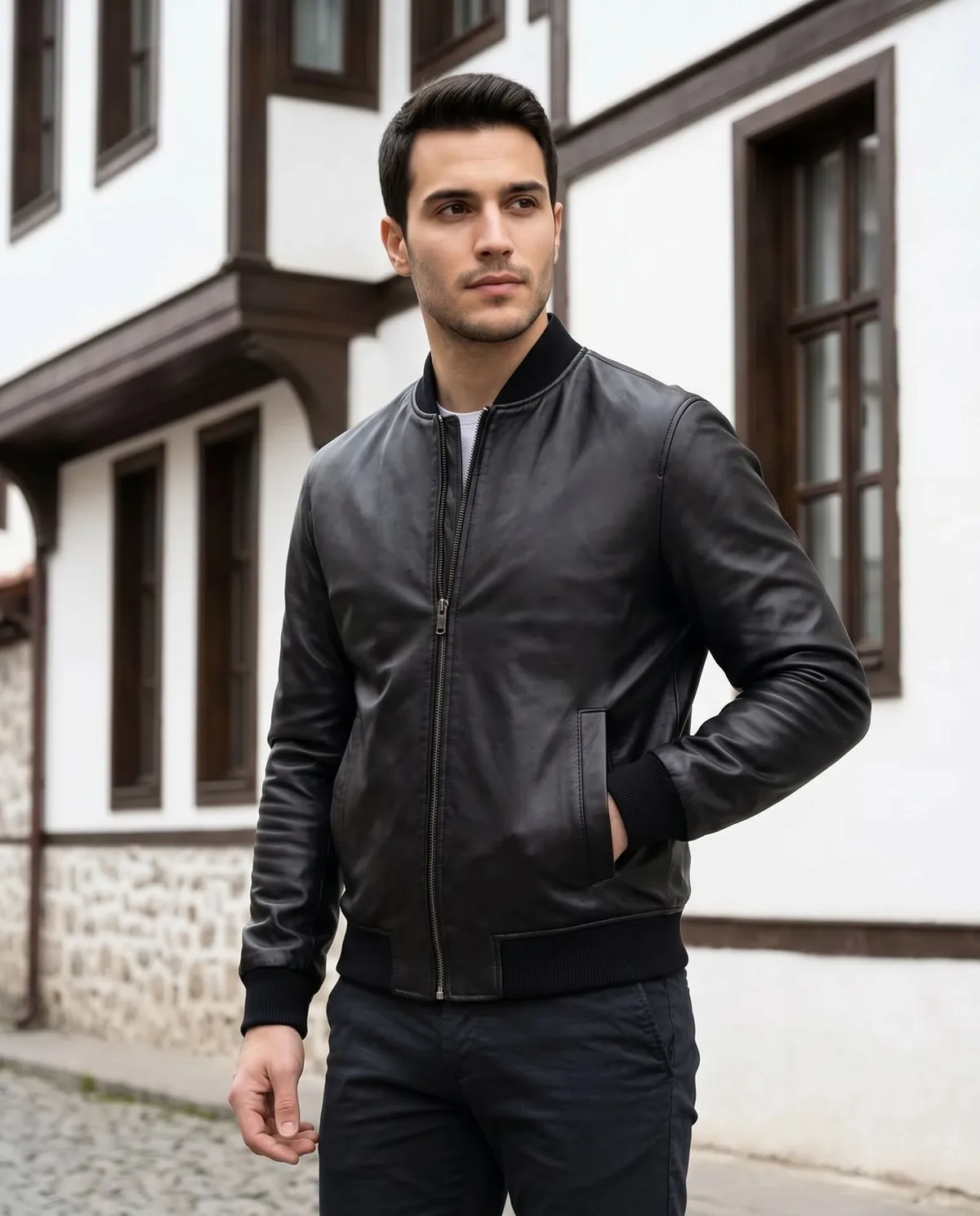 Black Leather Bomber Jacket - 5
