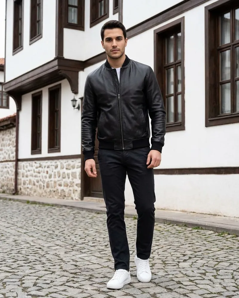Black Leather Bomber Jacket - SAVAS