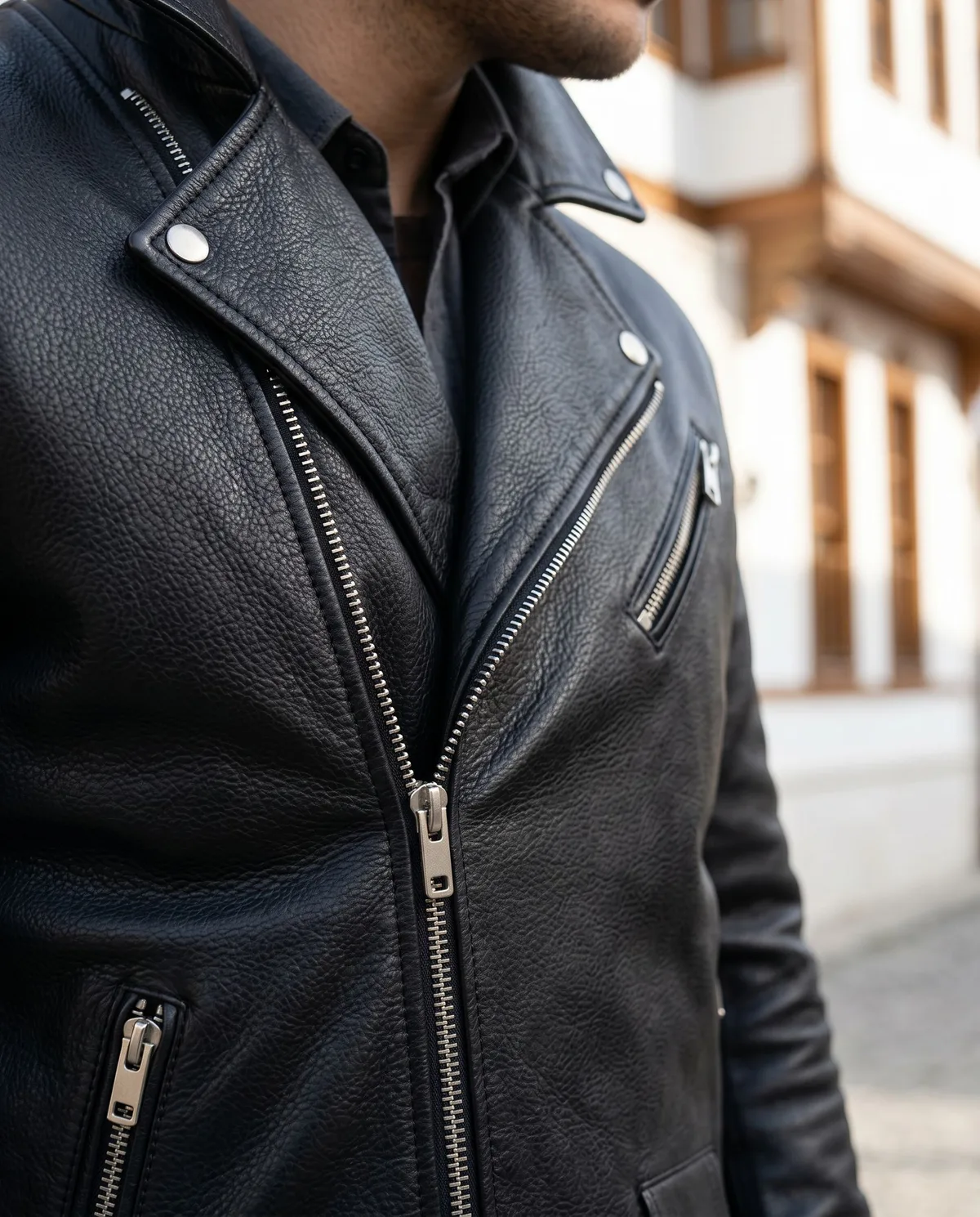 Black Biker Leather Jacket - 4