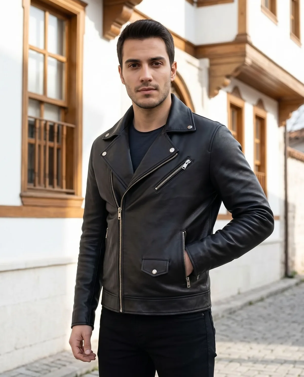 Black Biker Leather Jacket - 5