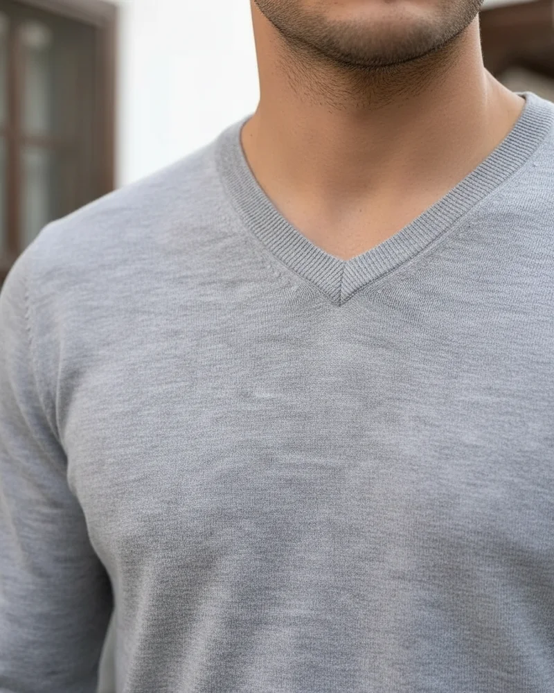 Grey V-Neck Fine Knit Sweater - 2