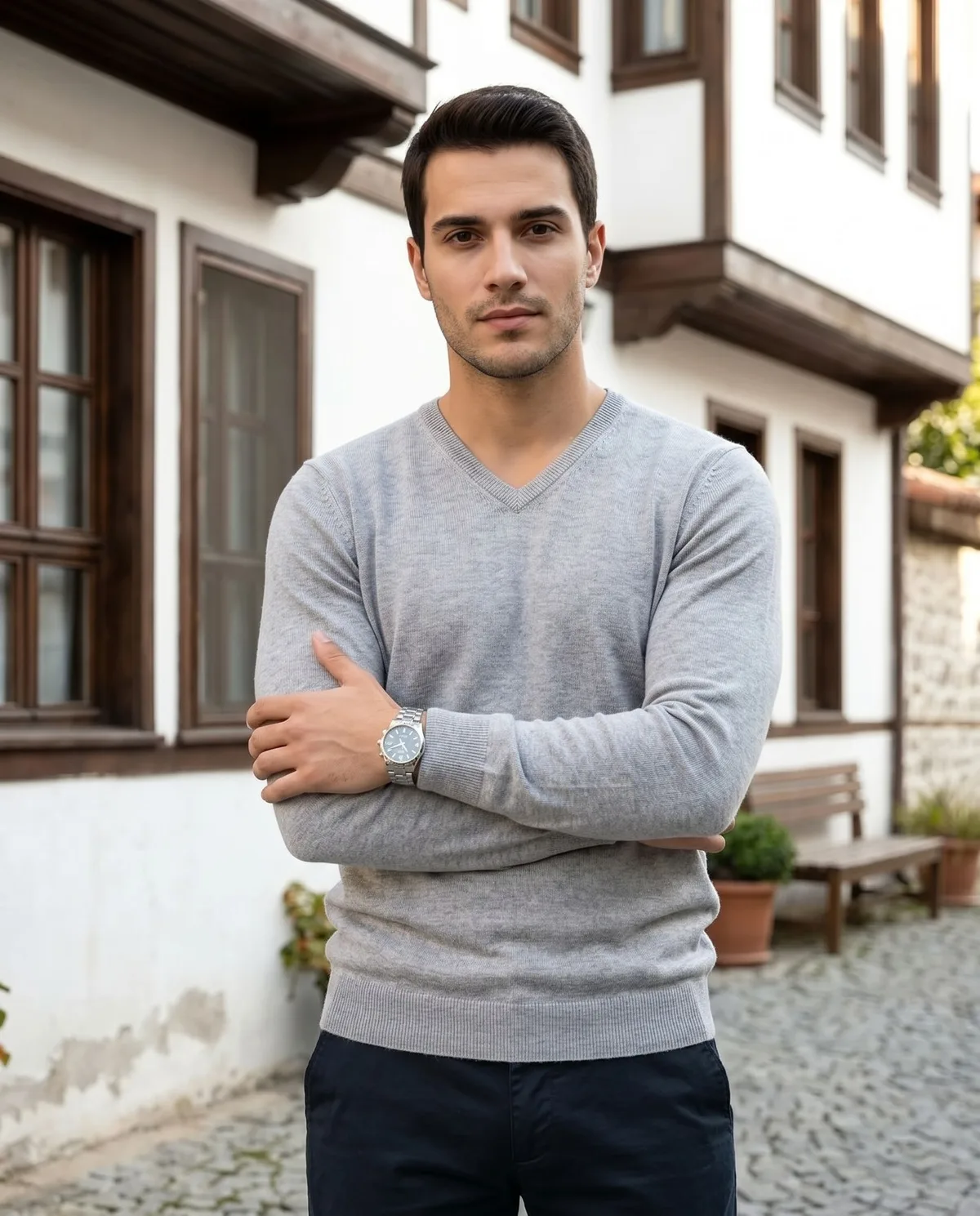 Grey V-Neck Fine Knit Sweater - 5
