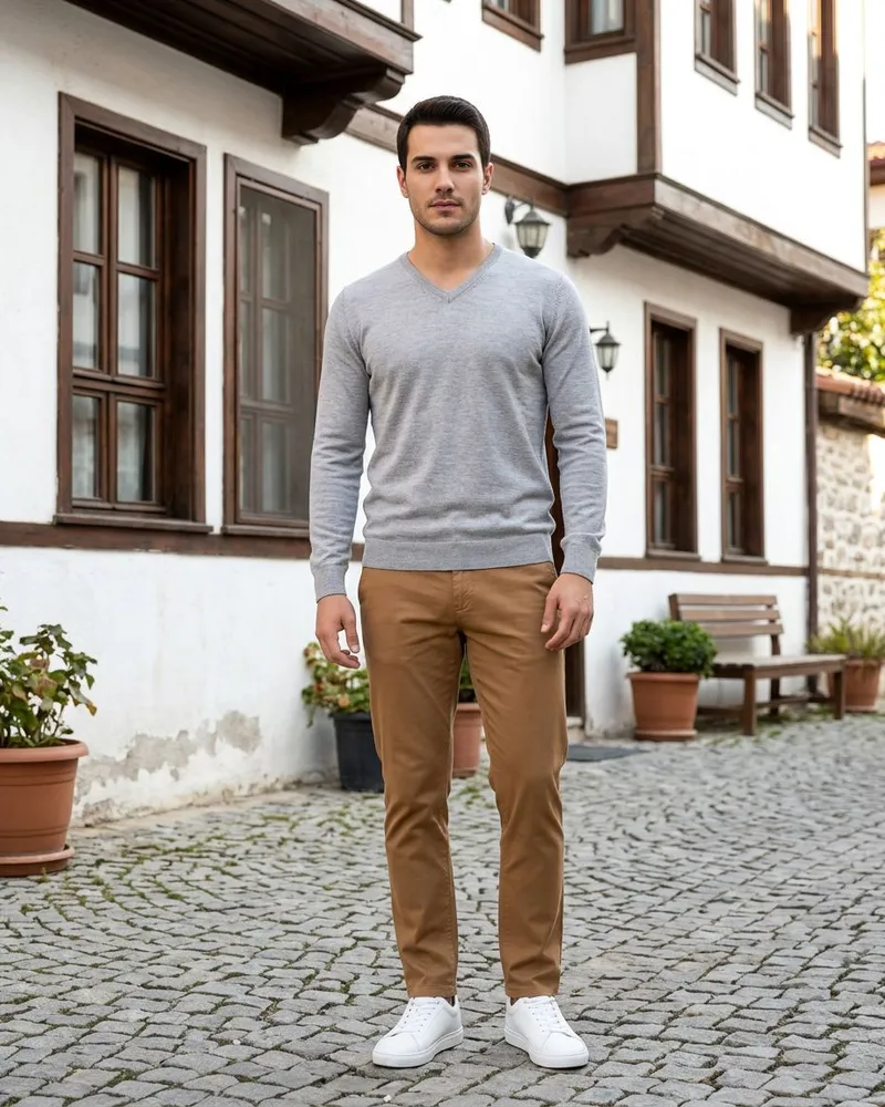 Grey V-Neck Fine Knit Sweater - SAVAS