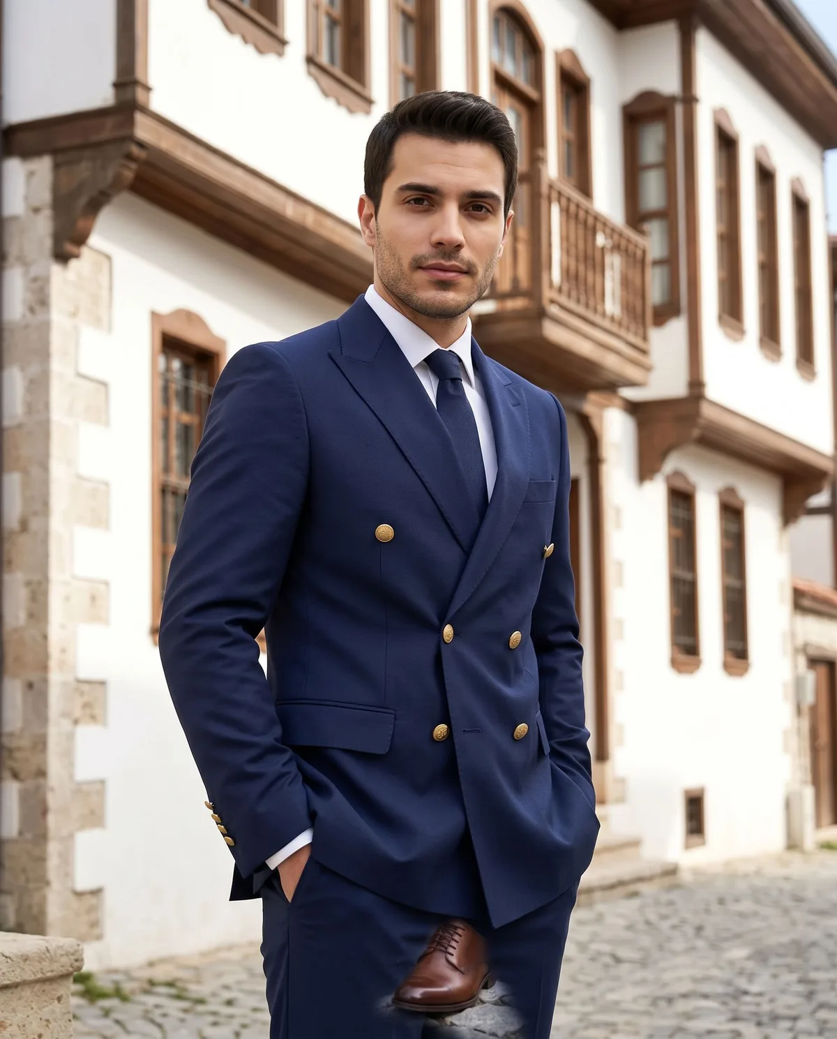 Navy Double-Breasted Suit - 5