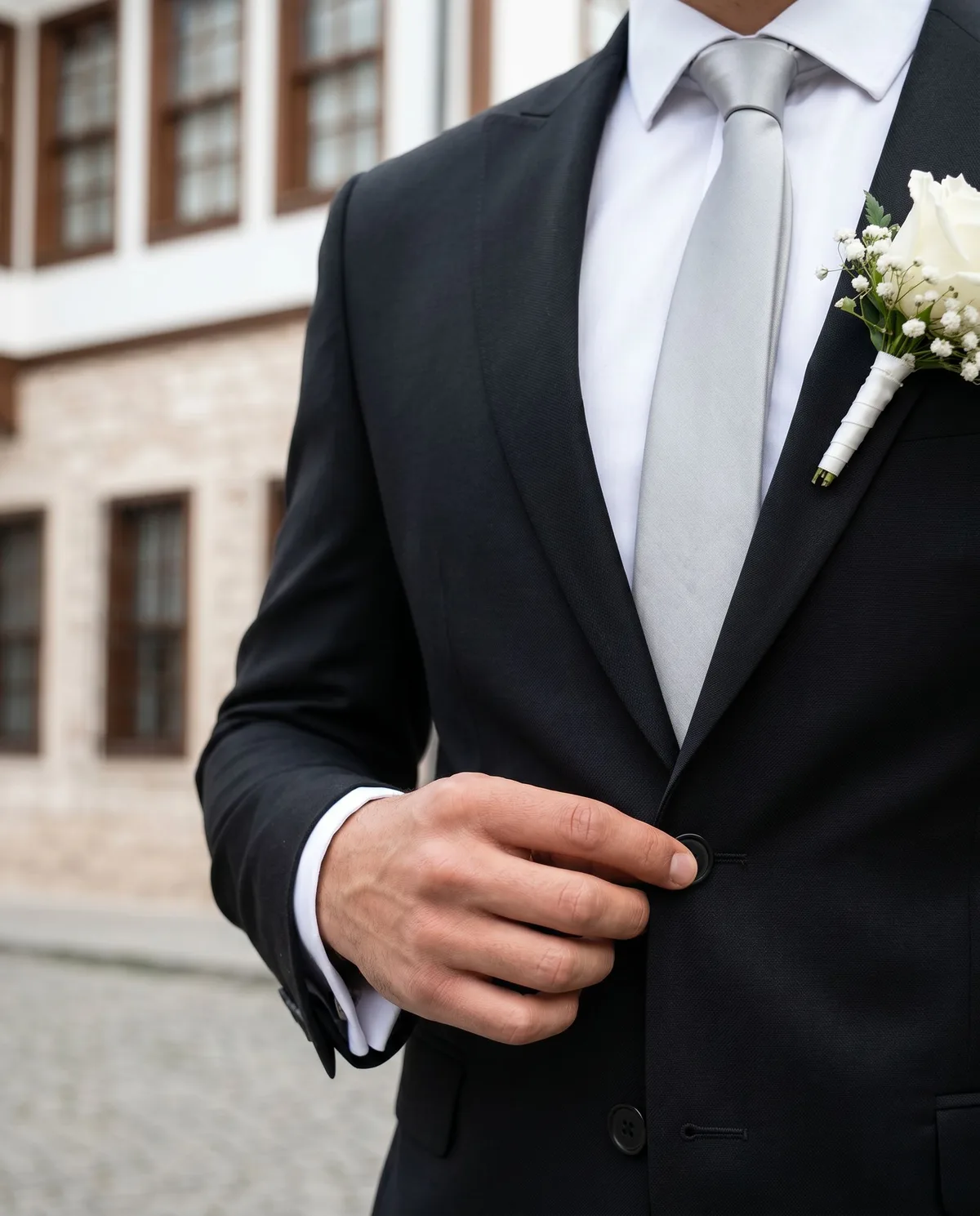 Black Wedding Suit — Silver Tie - 4