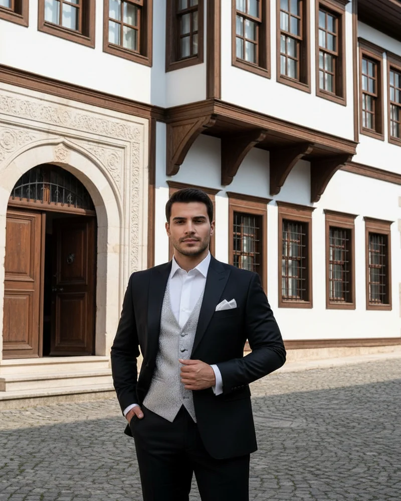 Black Wedding Suit Silver Waistcoat - SAVAS