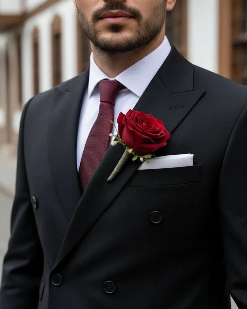 Black Double-Breasted Wedding Suit — Burgundy - 2