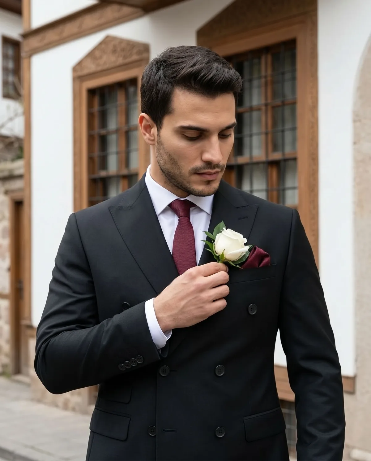 Black Double-Breasted Wedding Suit — Burgundy - 3