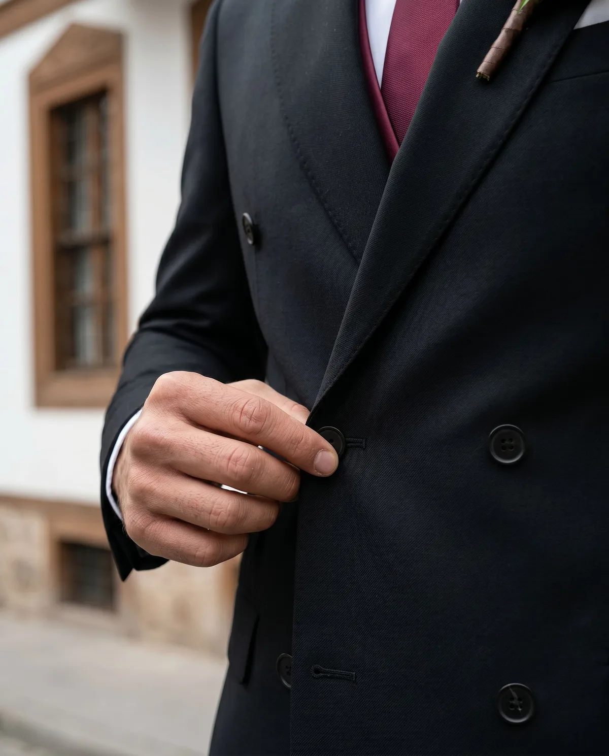 Black Double-Breasted Wedding Suit — Burgundy - 4
