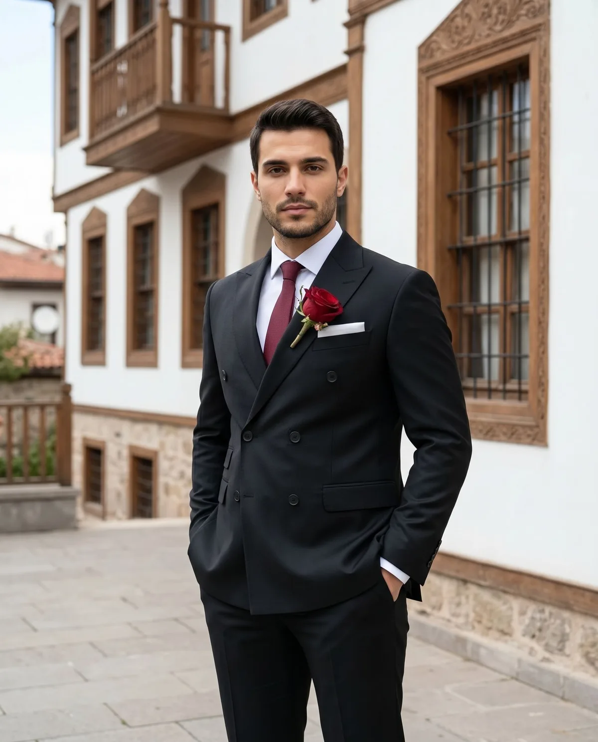 Black Double-Breasted Wedding Suit — Burgundy - 5