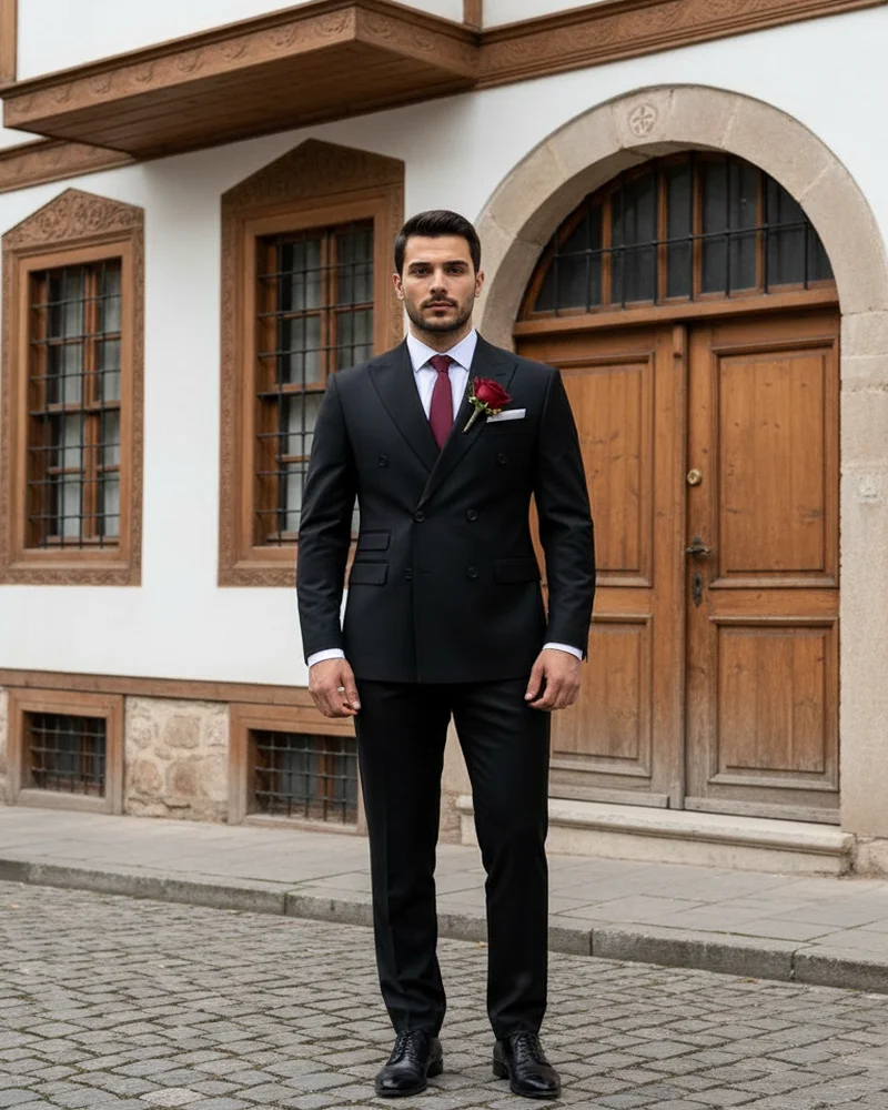Black Double-Breasted Wedding Suit Burgundy - SAVAS