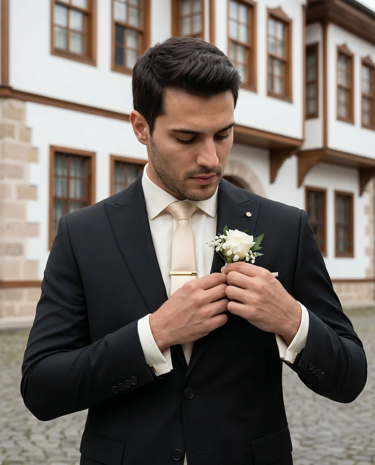 Black Wedding Suit — Gold Tie - 3