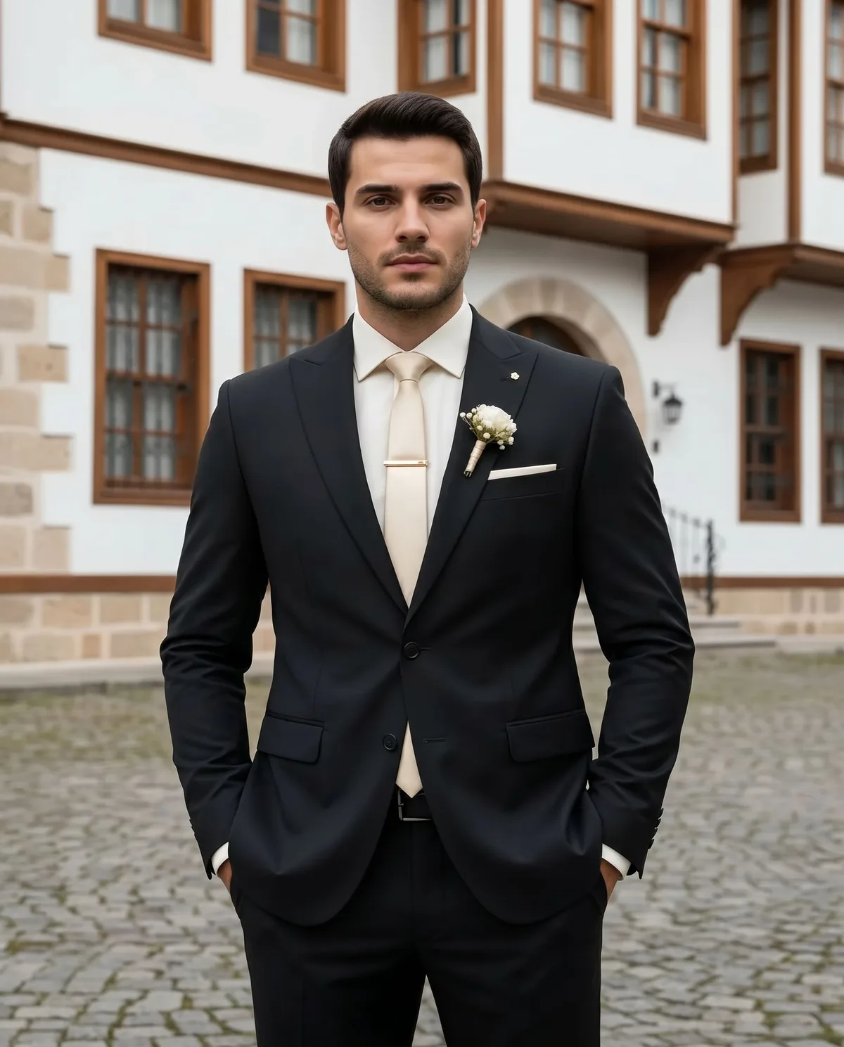 Black Wedding Suit — Gold Tie - 5