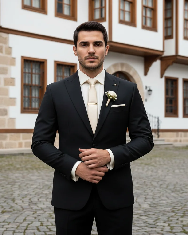 Black Wedding Suit Gold Tie - SAVAS
