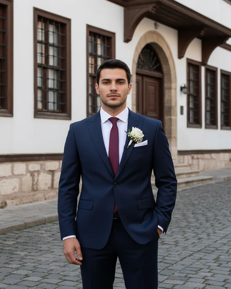 Navy Wedding Suit Burgundy Tie - SAVAS