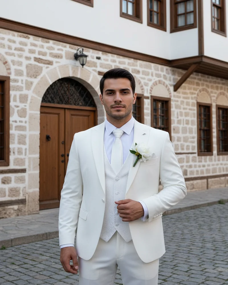 White Slim Fit Wedding Suit - SAVAS
