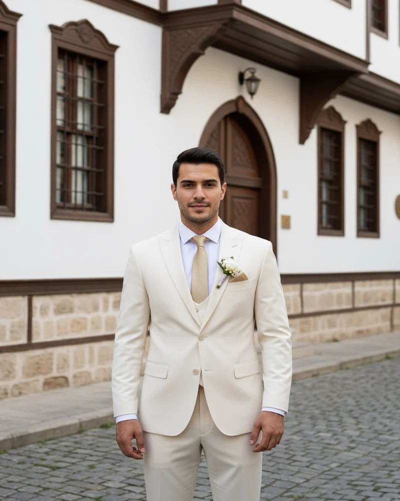 Cream Wedding Suit Gold Detail - SAVAS