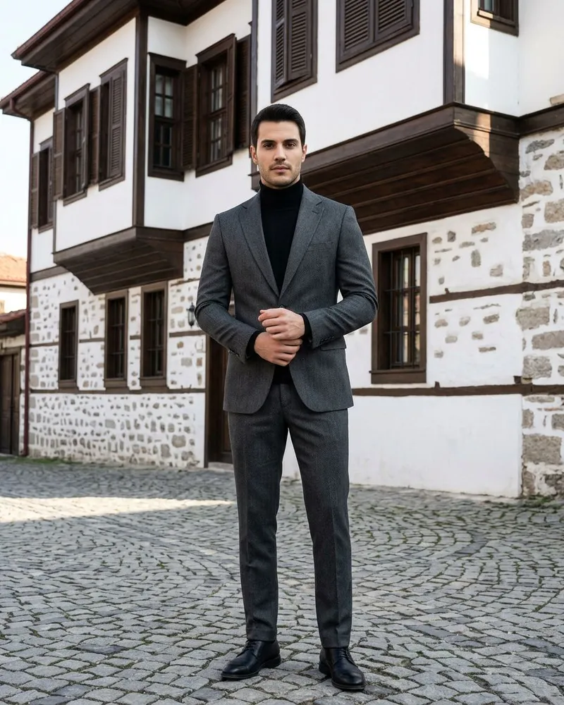 Charcoal Suit Turtleneck Look - SAVAS