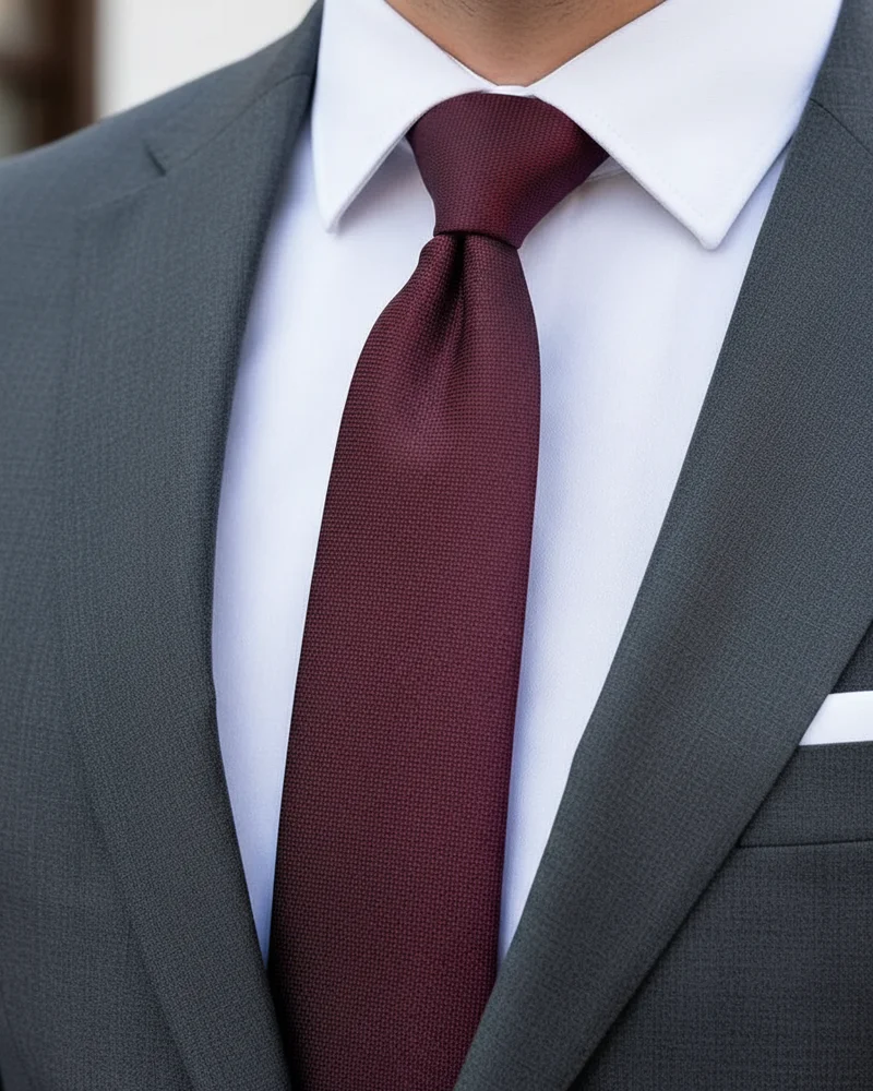 Charcoal Slim Fit Suit — Burgundy Tie - 2