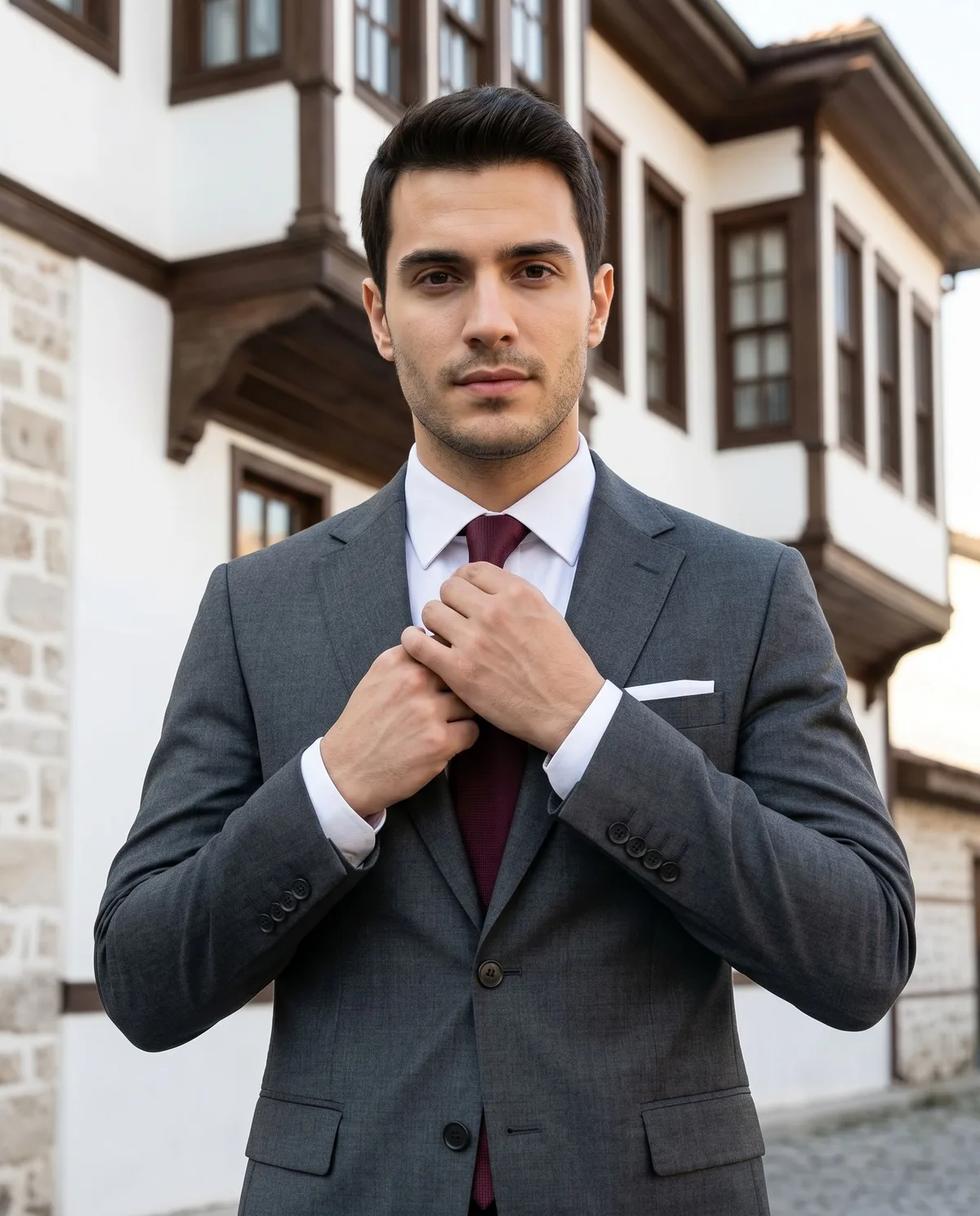 Charcoal Slim Fit Suit — Burgundy Tie - 3