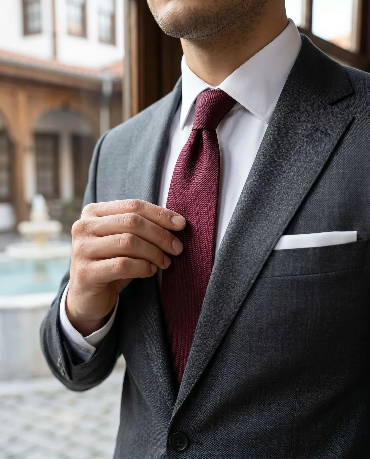 Charcoal Slim Fit Suit — Burgundy Tie - 4